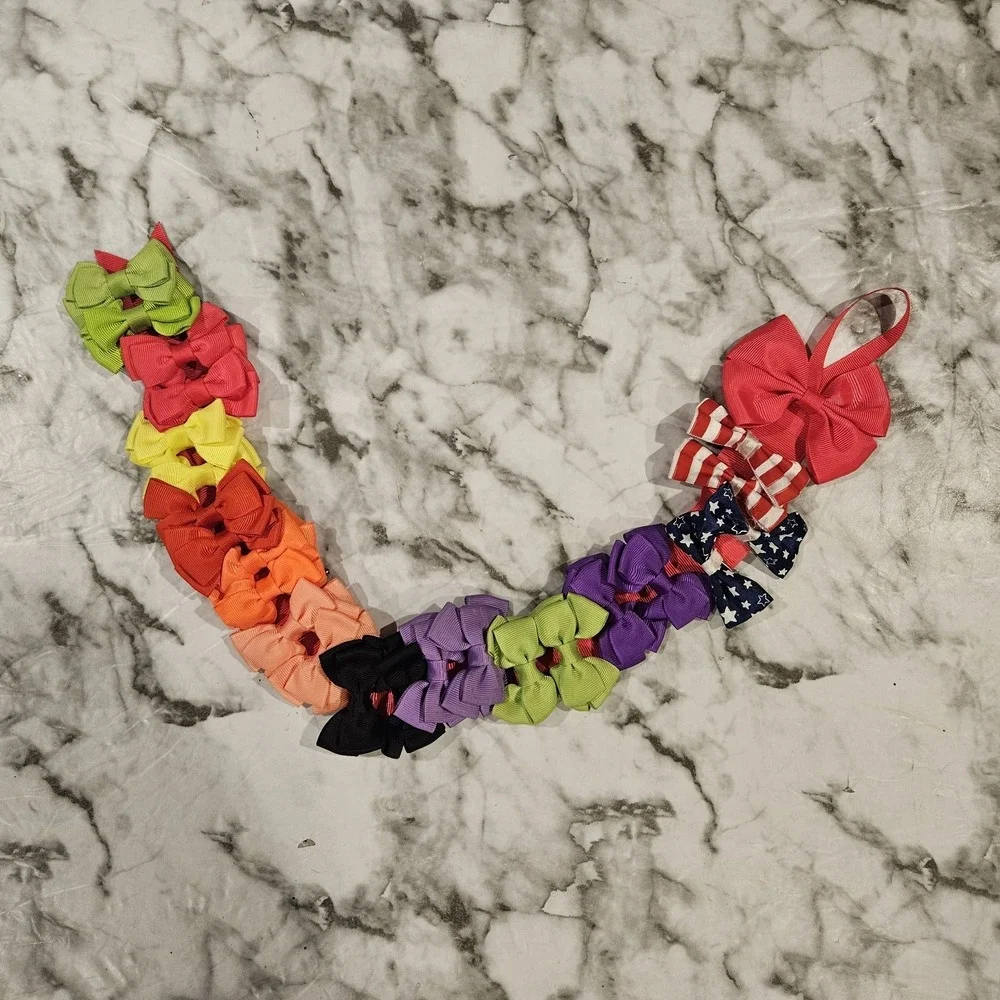 24 Girls Hair Bows Lot Solid Colors Patriotic Alligator Clips Pink Ribbon Hanger